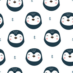 Fototapeta premium Seamless pattern with cute penguins on a white background. Vector illustration for your design