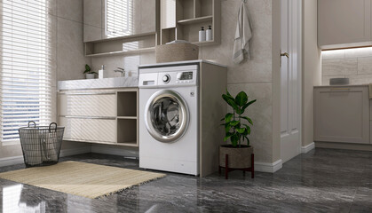 Modern interior design of laundry room with beige counter, cabinet, washing machine on black granite tile floor and houseplant in sunlight from window blinds for household product display background