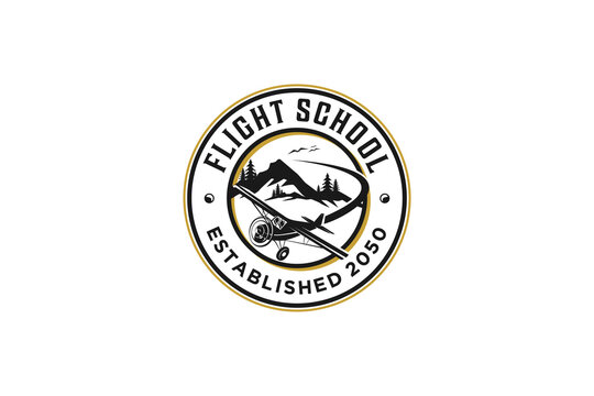 Flight school logo airline plane with mountain outdoor icon design aviation training