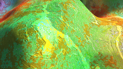 3D rendering of abstract object with grungy texture and vivid colors resembling the surface of imaginary exo-planet.