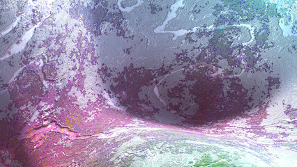 3D rendering of abstract object with grungy texture and vivid colors resembling the surface of imaginary exo-planet.