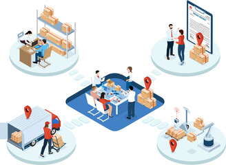 3D isometric Logistics Supply Chain Management and Delivery concept with description of Fleet management, Warehousing, Delivery home and office, Inventory Demand planning. Clipart Transparent PNG