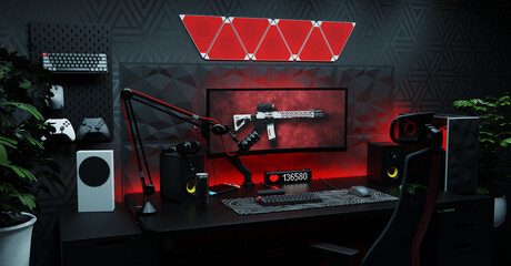 A general view of the comfortable workplace of a professional gamer and cybersprotsman. The interior is in dark colors. 3D render. © Aboltin