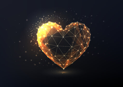 Abstract gold heart made of lines, stars isolated on black background. Precious love, values concept