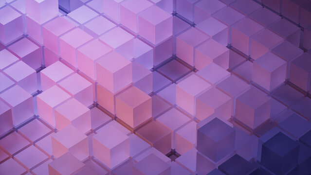 Violet and Orange, Translucent Cubes Neatly Aligned to create a Futuristic Tech Background. 3D Render.