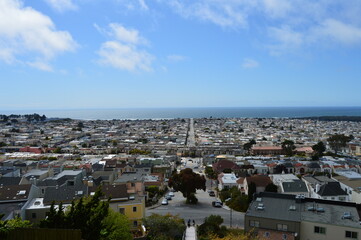 View over the Outer Sunset neighborhood in San Francisco, California with the Pacific Ocean visible...