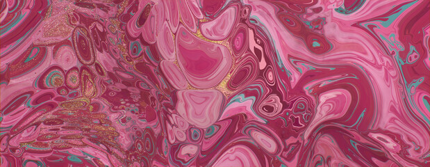 Beautiful Magenta and Pink Liquid Swirls with Gold Glitter. Contemporary Acrylic Pour Banner.