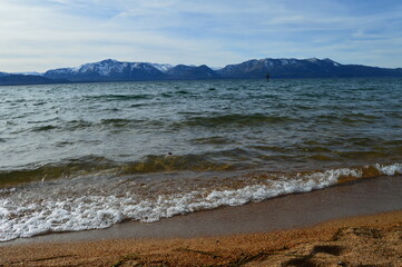 Beach and mountains at Lake Tahoe, Nevada. 