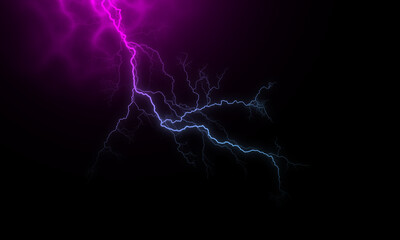 Massive lightning bolt with branches isolated on black background. Branched lightning bolt. Electric bolt.