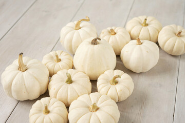 White mini pumpkins on a wooden background. Thanksgiving sweet harvest.