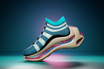 Blue  and white  sneaker premium 3d Render  on a  monochrone  background
