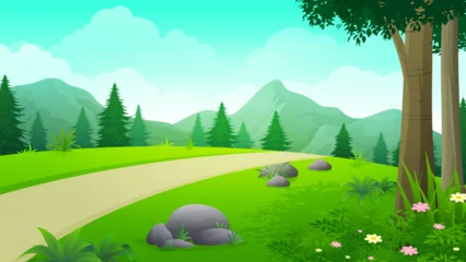 Zelfklevend Fotobehang Cute spring road landscape with mountains illustration in flat cartoon style © Astira