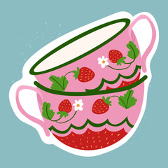 Doodle teacups sticker on white. Isolated vector ceramic cups with strawberry decor