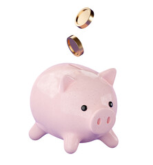 3d pink ceramic Piggy bank with falling gold coin money. Business, saving, money, banking, finance investment and services concept. Realistic 3d isolated high quality render