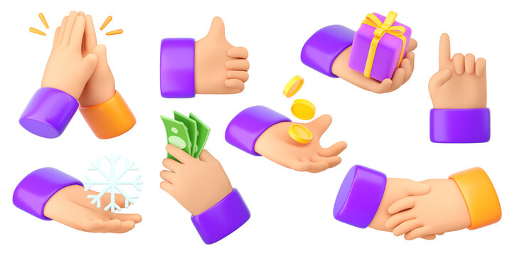 Human hands gestures set in plastic cartoon style. Сlapping, thumb up, holding snowflake, gift and money, pointing and handshake. Concept for business design ideas or social media and apps icons.  
