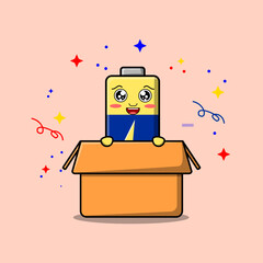 Cute cartoon Battery character coming out from box in flat style cartoon vector icon illustration