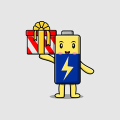 Cute cartoon Battery character holding gift box in vector icon illustration