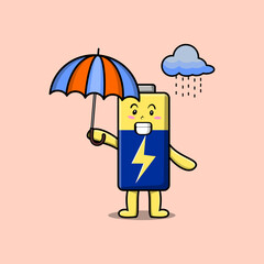 Cute cartoon Battery character in the rain and using an umbrella in flat modern style design