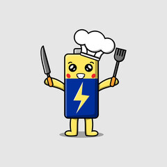 Cute cartoon Battery chef character holding knife and fork in flat cartoon style illustration