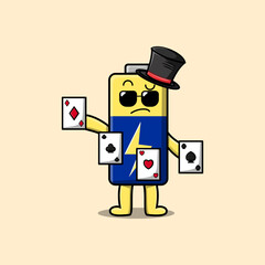Cute cartoon Battery magician character playing magic cards in flat cartoon style illustration