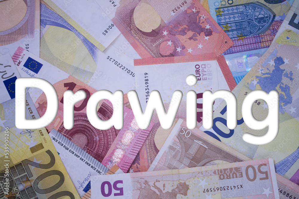 Poster drawing word with money. paper currency background with different banknotes.
