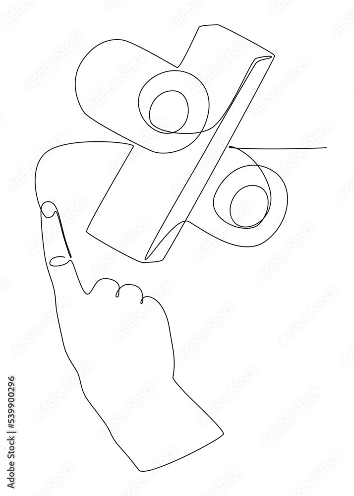 Poster one continuous line of index finger pointng at percentage sign word. thin line illustration vector c