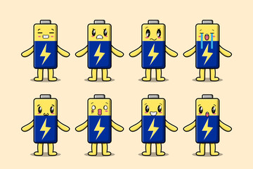 Set kawaii Battery cartoon character with different expressions cartoon face vector illustrations