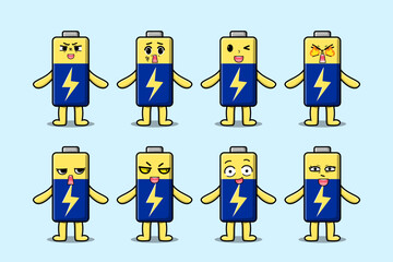Set kawaii Battery cartoon character with different expressions cartoon face vector illustrations