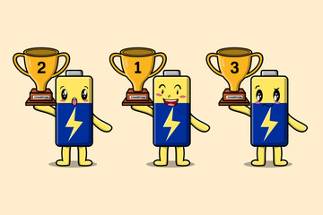 Set of cute cartoon Battery holding trophy with happy expression in 3d modern style design