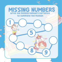 Math worksheet for kids ready to print file. Counting exercise for children kawaii unicorn. Write the missing number correctly. 