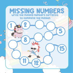 Math worksheet for kids ready to print file. Counting exercise for children kawaii unicorn. Write the missing number correctly. 