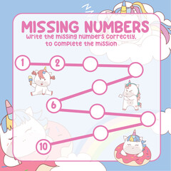 Math worksheet for kids ready to print file. Counting exercise for children kawaii unicorn. Write the missing number correctly. 