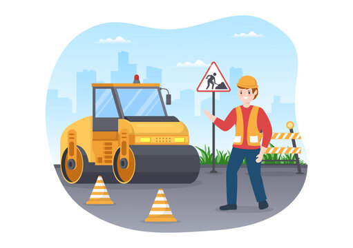 Road Construction and Highway Maintenance Workers Working on Asphalt Roads with Drilling Machine on Flat Cartoon Hand Drawing Template Illustration