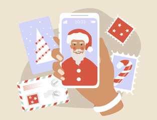 vector illustration in a flat style on the theme of christmas. santa claus on smartphone screen, postcards, letters, postage stamps