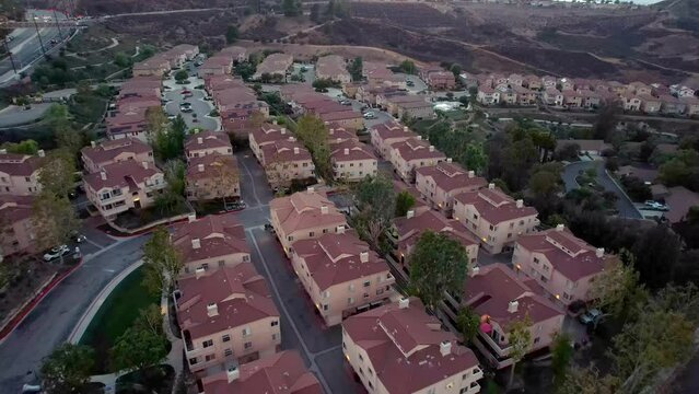 Aerial View of Twilight Above Residential Community in Santa Clarita, Los Angeles, California USA