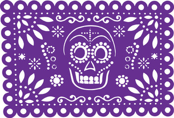 Day of the Dead paper, Purple Papel Picado with a traditional Mexican skull head.