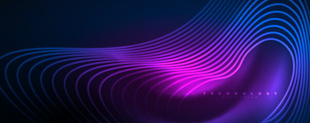 Techno neon wave lines, dynamic electric motion, speed concept. Templates for wallpaper, banner, background, landing page, wall art, invitation, prints