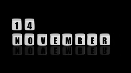 November 14th. Day 14 of month, Calendar date. White cubes with text on black background with reflection. Autumn month, day of year concept