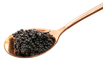 Luxury Black caviar in golden spoon isolated on white background, Texture of expensive luxury...