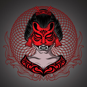 tattoo and t shirt design black and white hand drawn geisha kitsune mask