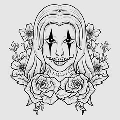 Obraz premium tattoo and t shirt design black and white hand drawn clown women engraving ornament