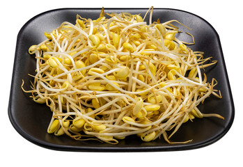 Korean Soybean sprout in black plate isolated on white background, Soybean sprout on white PNG File.