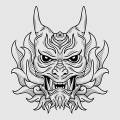 Obraz premium tattoo and t shirt design black and white hand drawn oni mask engraving ornament