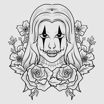 tattoo and t shirt design black and white hand drawn clown women engraving ornament
