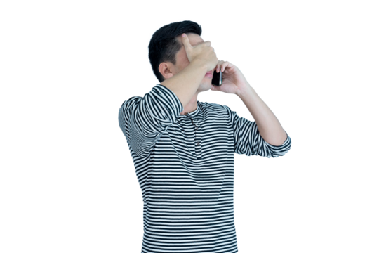 Portrait handsome young asian man wearing t-shirt feeling terrible holding smart phone on isolated background. Asian man people. business success concept.