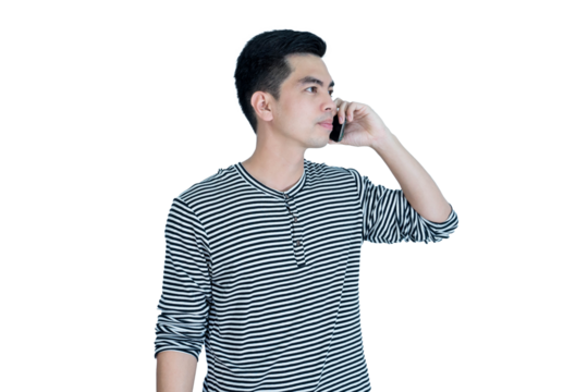 Portrait handsome young asian man wearing t-shirt feeling happy; holding smart phone on isolated background. Asian man people. business success concept.