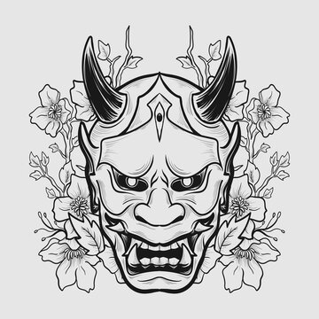tattoo and t shirt design black and white hand drawn oni mask  engraving ornament
