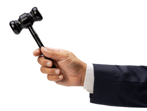 Hand Holding gavel isolated on white background, Hand Holding gavel on white PNG file.