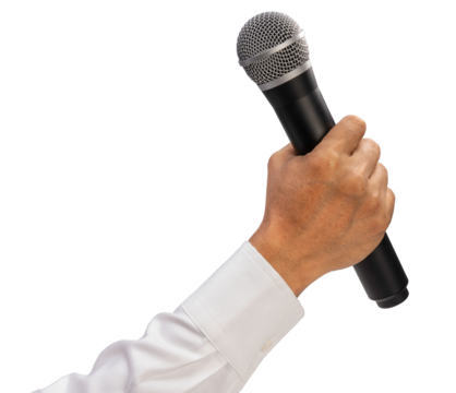Hand Holding Microphone for speech isolated on white background, Hand Holding Microphone on white PNG File.