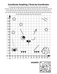 Coordinate graphing, or draw by coordinates, math worksheet with Halloween cat, lying in wait for prey: To reveal the mystery picture plot and connect the dots with given coordinates. Answer included.